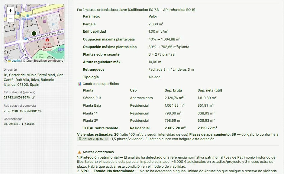Parámetros urbanísticos y cuadro de superficies de una parcela en Eivissa